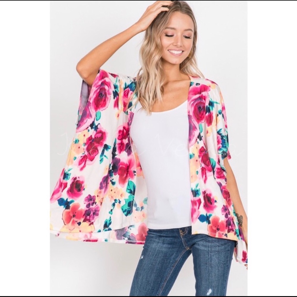 LAST ONE Ivory & Bright Floral Kimono - Picture 2 of 3